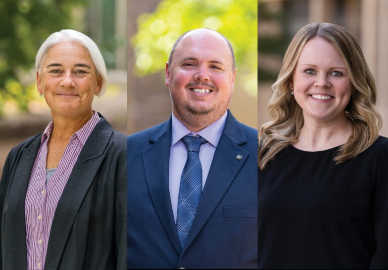 Three people are pictured in separate vertical panels: an older woman with white hair in a blazer, a bald man in a suit and tie, and a blonde woman in a black top, all smiling outdoors.