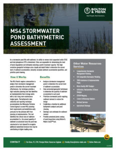 A flyer for MS4 Stormwater Pond Bathymetric Assessment by Bolton & Menk, explaining how it works, its benefits, and listing other water resources services. Includes a photo of a small boat on a pond and company contact info.