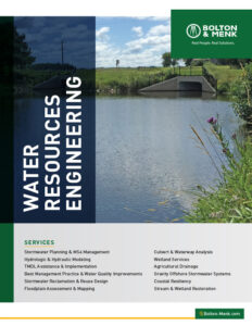 A brochure cover for Bolton & Menk’s Water Resources Engineering services, showing a river, grassy banks, and a bridge. A services list and company logo are displayed overlaid on the photo.