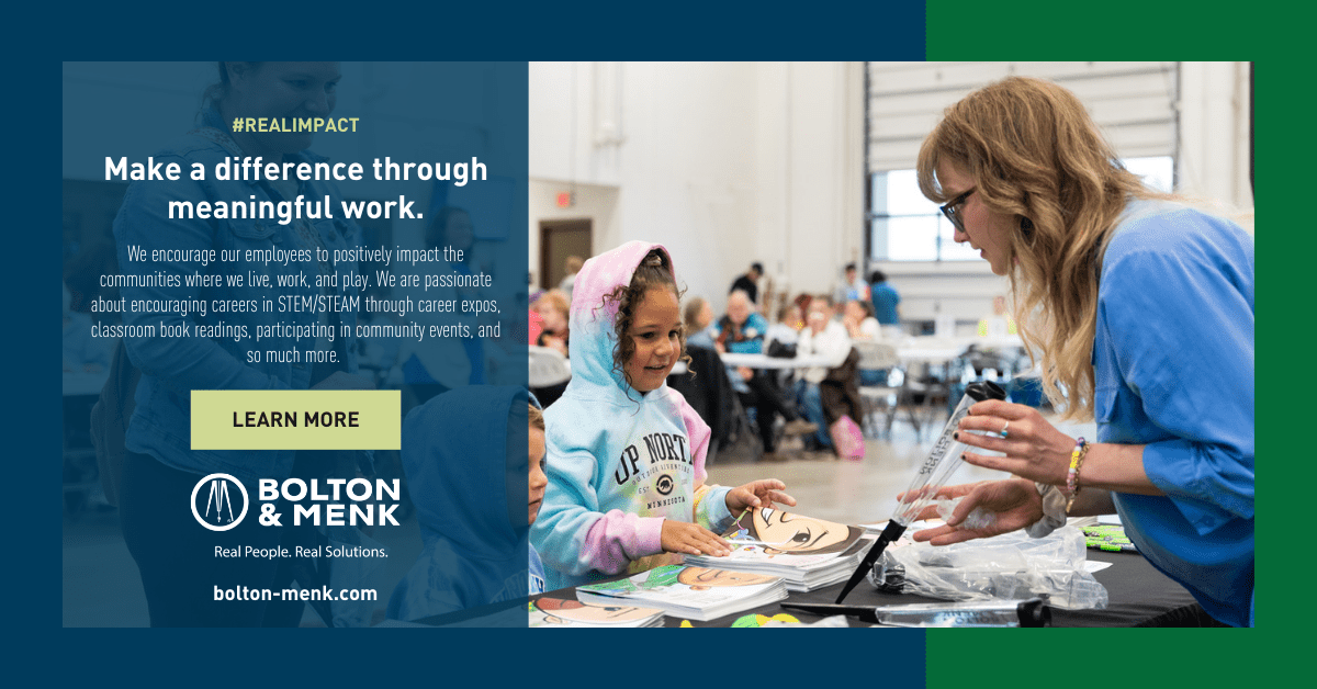 A woman interacts with smiling children at a table covered with books and activity sheets during an indoor community event. Text highlights Bolton & Menk’s impact, encourages meaningful work.