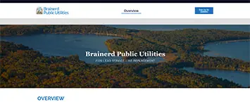 Screenshot of the Brainerd Public Utilities website homepage, showing a logo, navigation bar, and a large aerial photo of a lake surrounded by trees with the text “Brainerd Public Utilities” and a “Sign Up for Service” button.