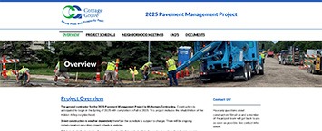 Screenshot of a webpage titled 2025 Pavement Management Project showing workers in safety vests repaving a road. Navigation tabs include Overview, Project Schedule, Meetings, FAQs, and Documents.