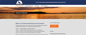 Screenshot of a website for the City of Waconia Downtown Reconstruction Project, featuring a sunset over a lake banner, navigation tabs, and a section describing the project overview and construction details.