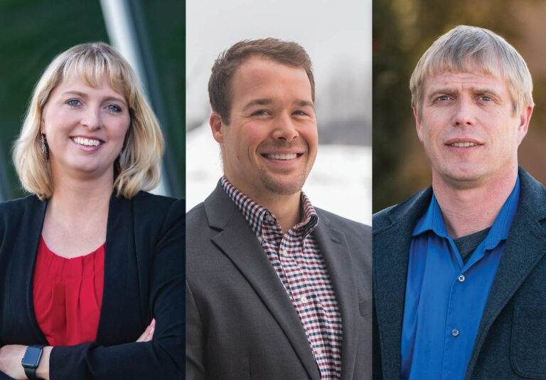 Three people are shown side by side in individual portraits: a woman with blond hair in a black jacket, a man in a suit jacket and checkered shirt, and a man in a blue shirt with a jacket.