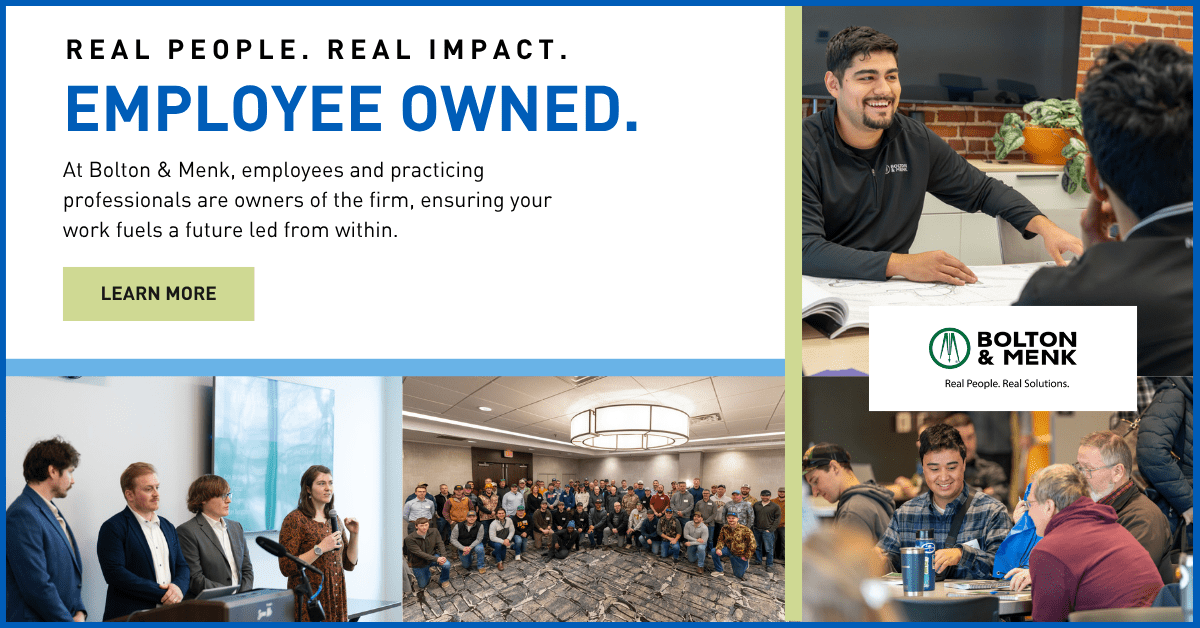 A promotional image for Bolton & Menk featuring photos of diverse employees collaborating in meetings and group settings. Text reads: Real People. Real Impact. Employee Owned.—highlighting career paths for students and inviting viewers to learn more.