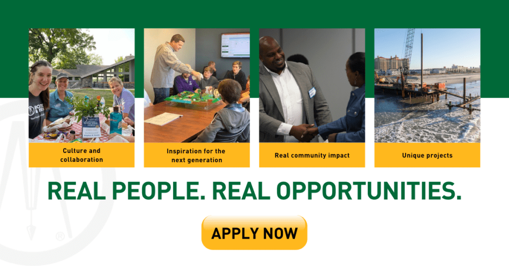 Four images show: a group gardening, a man teaching kids at a table, a handshake at an Engineering Design Firms event, and a construction site by water. Text reads “REAL PEOPLE. REAL OPPORTUNITIES.” with an “APPLY NOW” button.