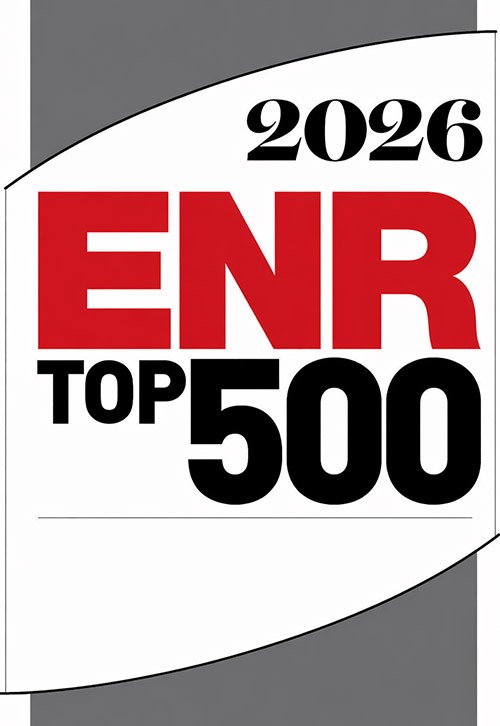 A graphic with bold text reading 2026 ENR Top 500 in red and black letters on a white and gray background, highlighting leading Engineering Design Firms.