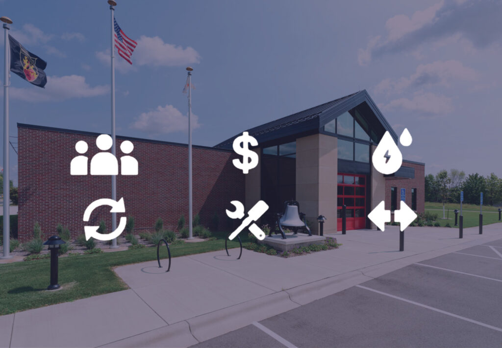 A modern brick building with a glass entrance is in the background. Overlay icons include a group of people, a dollar sign, a water drop with a bolt, arrows, a wrench with a screwdriver, and a refresh symbol.