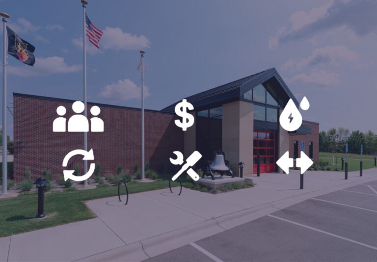 A modern brick building with a glass entrance is in the background. Overlay icons include a group of people, a dollar sign, a water drop with a bolt, arrows, a wrench with a screwdriver, and a refresh symbol.