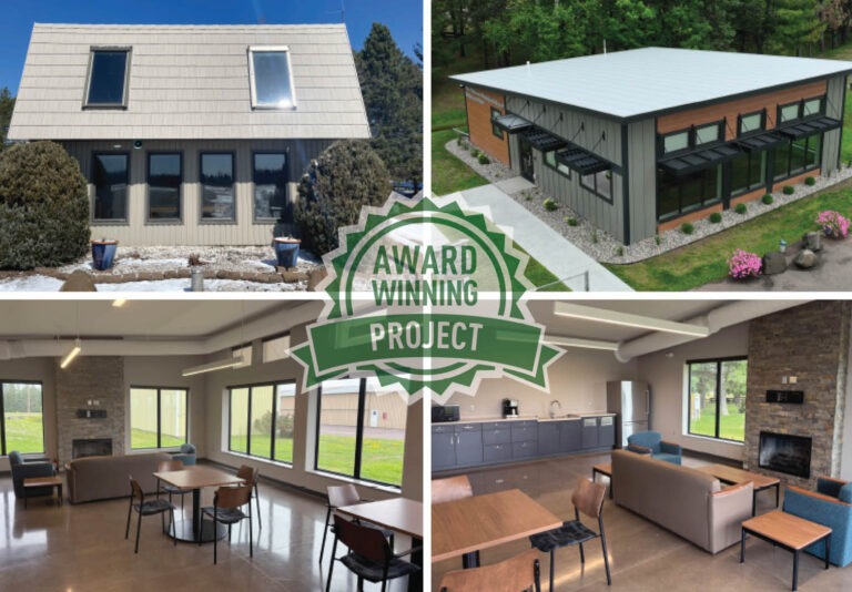 Collage of modern building exteriors and interiors with large windows and minimalist furnishings, featuring a green badge in the center reading Award Winning Project.