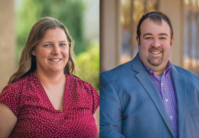 A woman in a red polka dot blouse and a man in a blue suit jacket with a purple checked shirt smile at the camera in separate, side-by-side outdoor portraits, capturing the celebratory spirit of the MnSPE Excellence Awards.