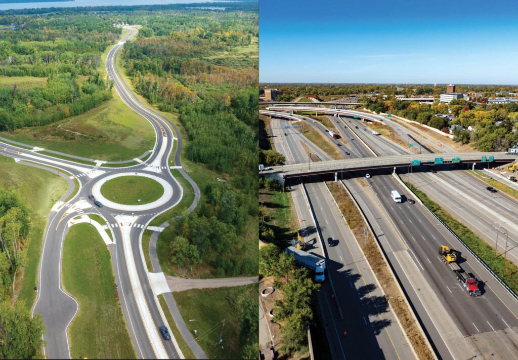 Split image: Left side shows a roundabout surrounded by greenery, intersecting roads, and trees. Right side features a multi-lane highway with overpasses and vehicles—both highlighting MnSPE Project Awards-worthy engineering.