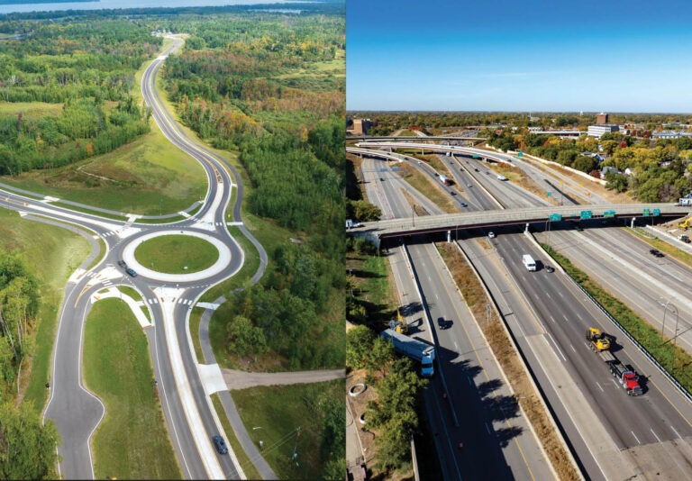 Split image: Left side shows a roundabout surrounded by greenery, intersecting roads, and trees. Right side features a multi-lane highway with overpasses and vehicles—both highlighting MnSPE Project Awards-worthy engineering.