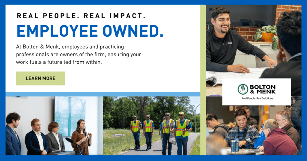 Collage showing Bolton & Menk employees working together in meetings, outdoors with safety vests, and collaborating. Text reads “Employee Owned” and Bolton & Menk logo is also visible.