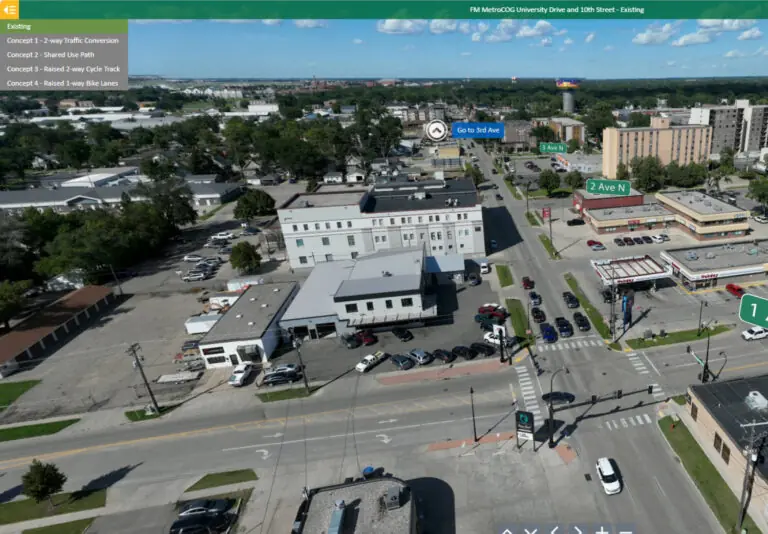 Aerial view of a busy city intersection with multi-lane roads, crosswalks, buildings, businesses, and parked cars. Direction signs and concept labels for traffic plans are overlaid on the image.