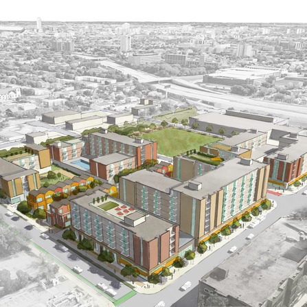 Conceptual aerial rendering of a mixed-use urban development with multiple mid-rise buildings, green spaces, and surrounding city context.