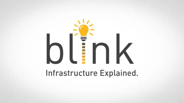 The word blink is written in lowercase black letters, with the letter i replaced by a yellow light bulb emitting rays. Below blink, the tagline Infrastructure Explained. appears in smaller black text.