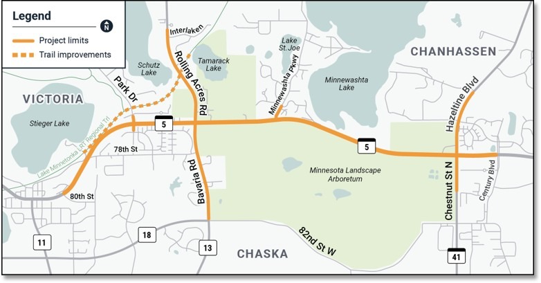 Map highlighting Carver County Highway 5 Improvements and trail upgrades between Chaska, Victoria, and Chanhassen, featuring labeled key roads, lakes, and a legend outlining project details.