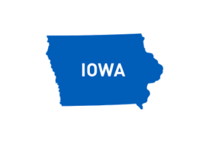 A blue silhouette of Iowa features the word IOWA in white capital letters at the center on a light gray background.
