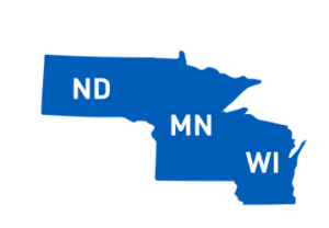 A simple blue map shows the outlines of North Dakota (ND), Minnesota (MN), and Wisconsin (WI) with their abbreviations labeled in white letters.