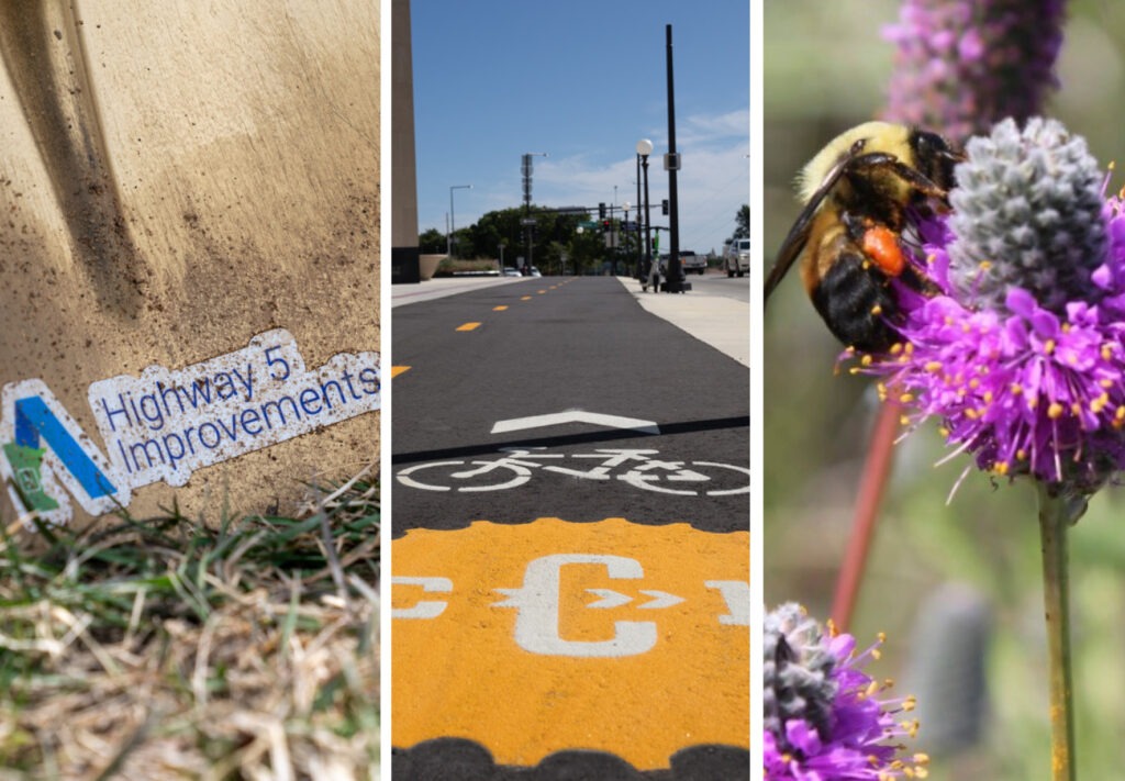 A shovel marked Highway 5 Improvements, a city bike lane with painted symbols, and a bee collecting nectar from a purple flower, shown in three vertical sections.