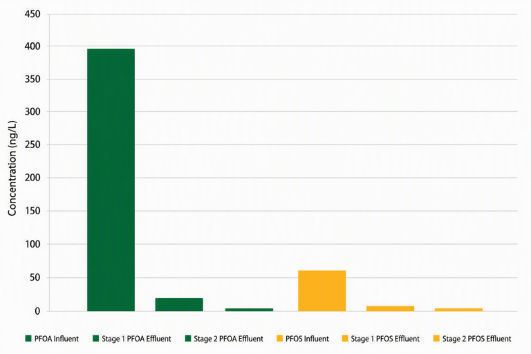 Bar graph comparing PFOA and PFOS concentrations in influent and effluent at two stages as part of the PFAS Pilot Story, showing a significant reduction in concentrations from influent to effluent, especially for PFOA in stage 1.