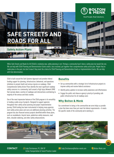 A flyer titled Safe Streets and Roads for All: Safety Action Plans by Bolton & Menk features images of urban streets with pedestrians and cyclists. It highlights Safe Streets for All benefits and services for safer communities. Contact info is at the bottom.