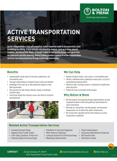 Flyer for Bolton & Menk’s Active Transportation Planning Services, featuring benefits, services offered, team expertise, and contact info. Green and white theme with the company logo at top right and contact details at the bottom.