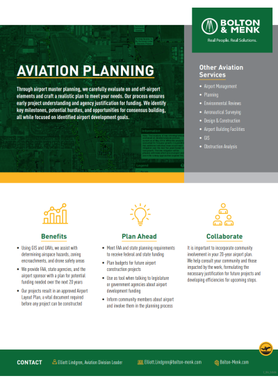 A flyer for Bolton & Menk’s Aviation Planning Services, highlighting benefits, planning steps, collaboration info, and other services. Features graphics for each section, contact details, and company branding in green and yellow.