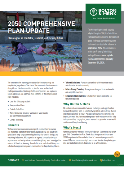 A flyer from Bolton & Menk about the 2050 Comprehensive Plan Update, highlighting benefits, tailored solutions, and services for equitable, resilient, thriving communities, with contact details and organization branding.