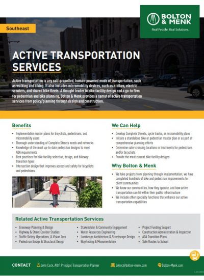 Flyer for Bolton & Menk’s Active Transportation Planning Services, listing benefits, services, reasons to choose them, and related offerings, with company logo, contact info, and a green and yellow color scheme.