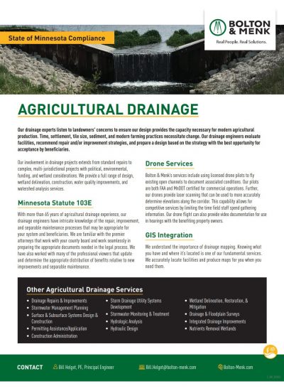 An informational flyer from Bolton & Menk about MN Agricultural Drainage Services, featuring a rural drainage project photo at the top and details on drone, GIS, and drainage management services below.