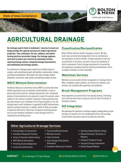 A flyer from Bolton & Menk titled Agricultural Drainage highlights IA Agricultural Drainage Services for landowners, including wetland determinations, classification, watchman services, brush management, and GIS integration. Contact details are provided.