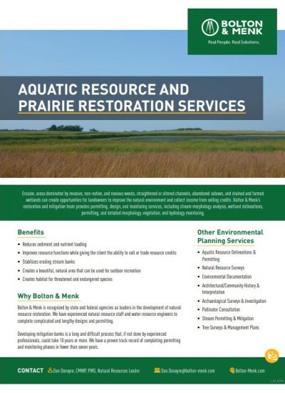 An informational flyer outlining Bolton & Menk’s Aquatic Resource and Prairie Restoration services, including benefits, detailed offerings, contact info, and why to choose them—all set on a vibrant green and blue background.