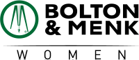 Logo reading Bolton & Menk Women; on the left is a green circle around a graphic resembling a compass and straightedge forming the letter M. Women is centered underneath the company name with horizontal lines.