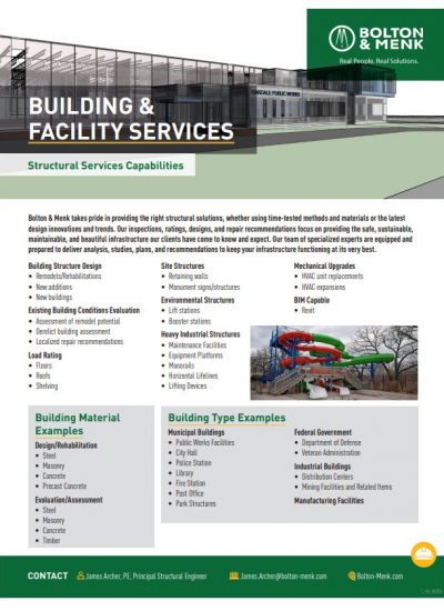 Informational flyer for Bolton & Menk Building and Facility Services outlining structural services capabilities, building material examples, and building type examples, with contact info for James Archer, PE, Principal Structural Engineer.
