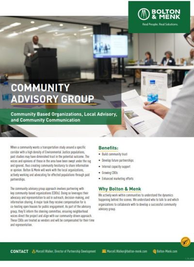 A flyer for Bolton & Menk’s Community Advisory Group, showing a meeting scene and listing benefits like building community trust, contact details, and the company’s logo at the top with green and white branding.