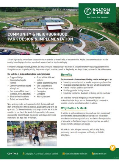 A flyer for Bolton & Menk features an aerial view of a playground, children playing, and park design icons. It highlights expert park design and implementation services, community benefits, and contact information.