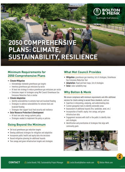 A flyer from Bolton & Menk titled 2050 Comprehensive Plans: Sustainability and Resilience Planning outlines minimum requirements, goals, strategies, and contact info, featuring photos of people walking and a cityscape.