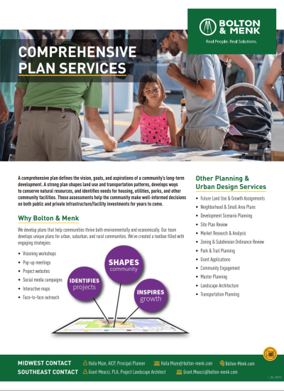 A diverse group of adults and children gather around a table with building blocks in a park; text highlights Bolton & Menk’s Comprehensive Plan Services, benefits, and contact information.