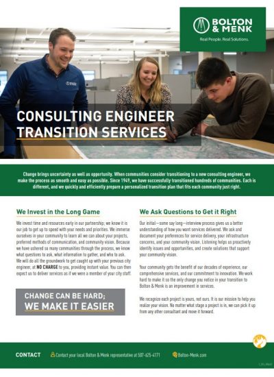 A Bolton & Menk flyer about Consulting Engineer Transition Services, showing three people talking in an office, with details on their approach to smooth transitions and the tagline: Change can be hard; we make it easier.