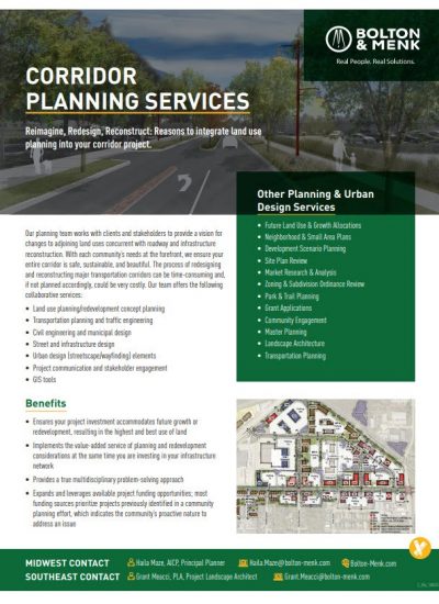Informational flyer for Bolton & Menk’s Corridor Planning Services, highlighting project goals, benefits, and services. Includes contact info, company logo, and an aerial image of a landscaped highway corridor.