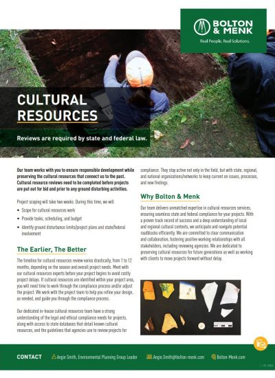 A brochure for Bolton & Menk on Cultural Resources, featuring a team surveying outdoors, text about resource reviews, and images of artifacts and paperwork. Contact info and company logo appear at the top and bottom.