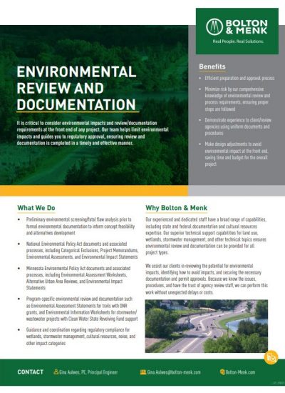 Environmental Review and Documentation flyer from Bolton & Menk detailing services, key benefits, and contact info, featuring a green and white color scheme with the company logo at the top right.