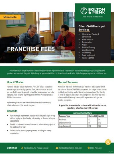 Flyer about Minnesota franchise fees, detailing how franchise fees impact civil and municipal services, their benefits, and offering a comparison chart of residential and commercial utility fees.