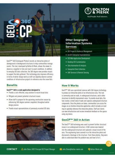Promotional flyer for GeoCP 360, a GIS data collection tool by Bolton & Menk, featuring a man using surveying equipment, service details and benefits of GeoCP 360, contact info, and company branding.