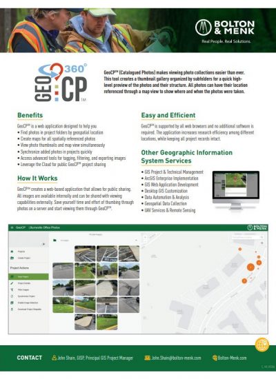 A promotional flyer for GeoCP 360° by Bolton & Menk highlights GeoCP’s benefits, features, and software screenshots, with two workers in safety vests examining papers at the top left. Contact info appears at the bottom.