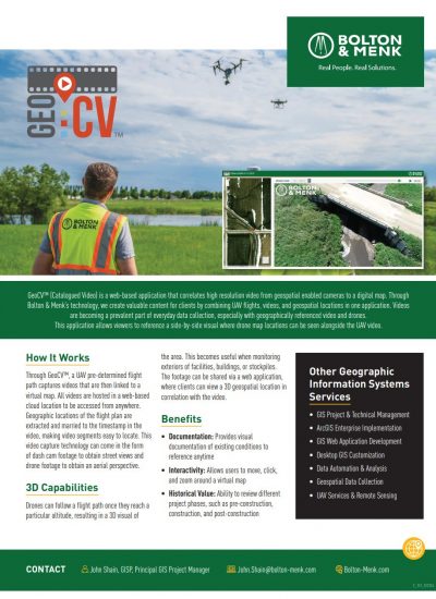 A man in a safety vest monitors surveying drones flying over green fields. An inset image displays a digital map on a computer screen. The Bolton & Menk logo and text highlight the advanced features of GeoCV™, a geospatial data tool.