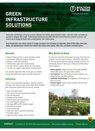 A flyer for Bolton & Menk’s Green Infrastructure Solutions, featuring benefits, solutions, and reasons to choose their expertise. Includes text, green and yellow accents, contact info, and images of landscaped and engineered stormwater projects.