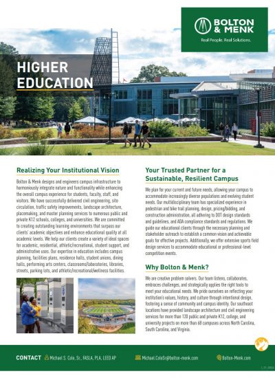 An informational flyer for Bolton & Menk’s Higher Education services, featuring a modern campus building, students outside, company logo, contact info, and text about sustainable campus design and engineering solutions.